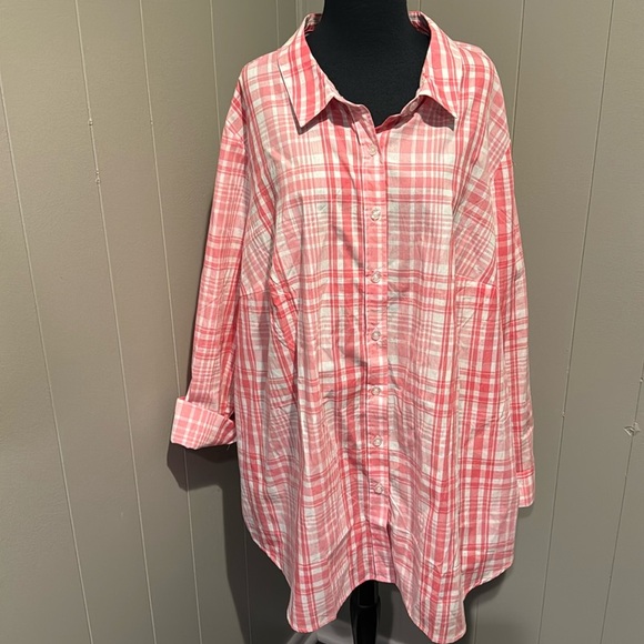 Woman Within Tops - Woman Within pink/white plaid button front long cuffed sleeve shirt. 2X, 26/28.